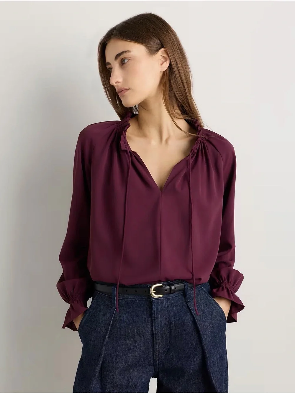 🤎 Quince Drapey Chiffon Split Neck Long Sleeve Blouse 🤎